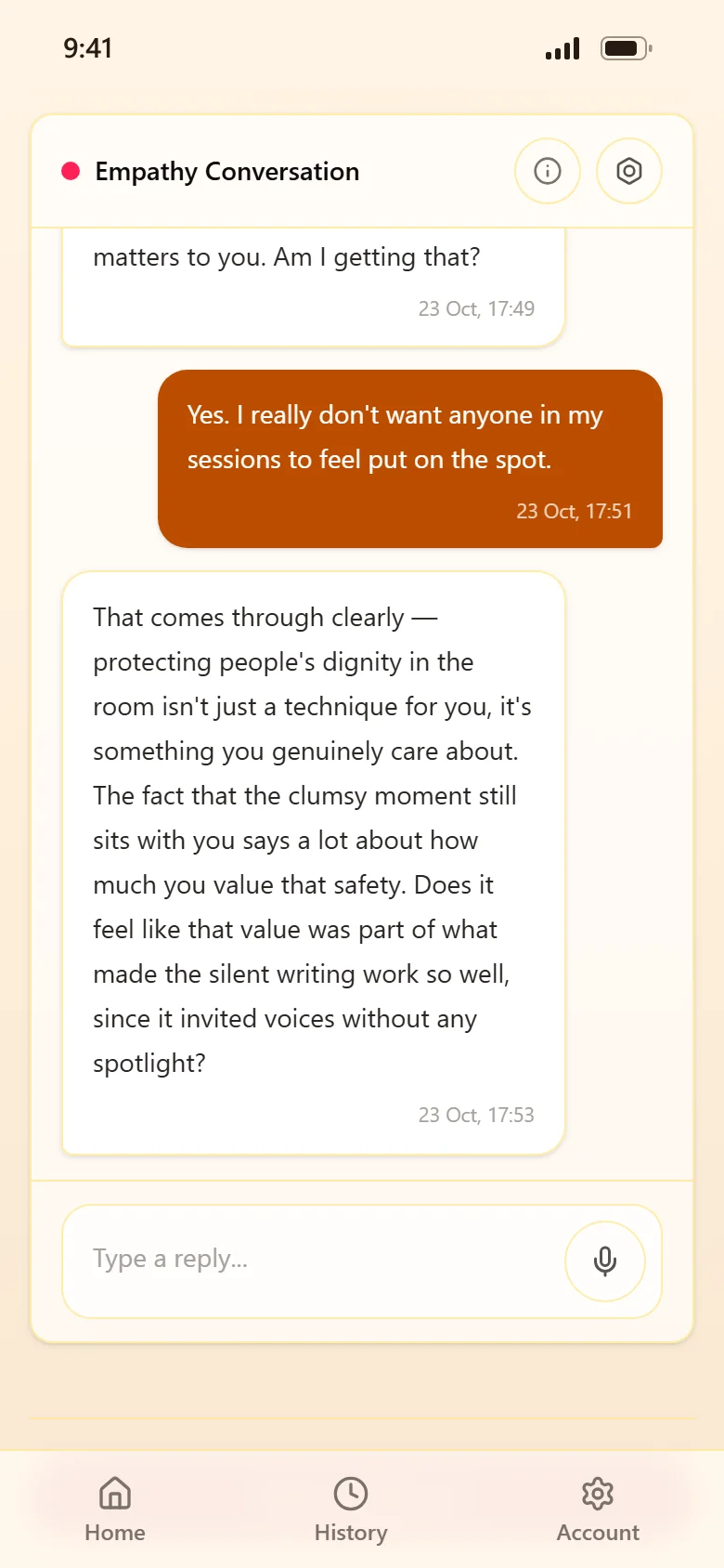An empathy conversation in which Reloom reflects that protecting people's dignity in the room is something the user cares about