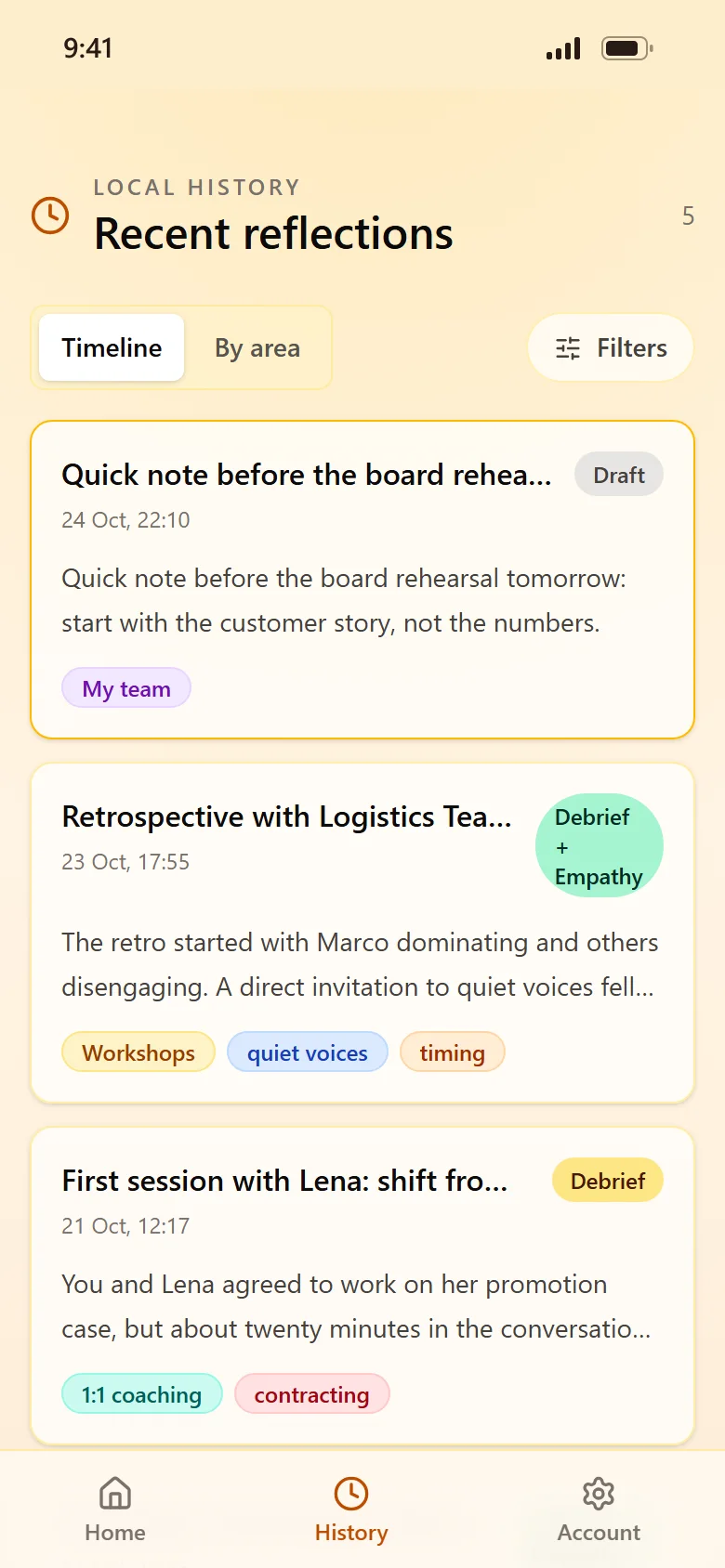 The history screen listing recent reflections with areas and tags